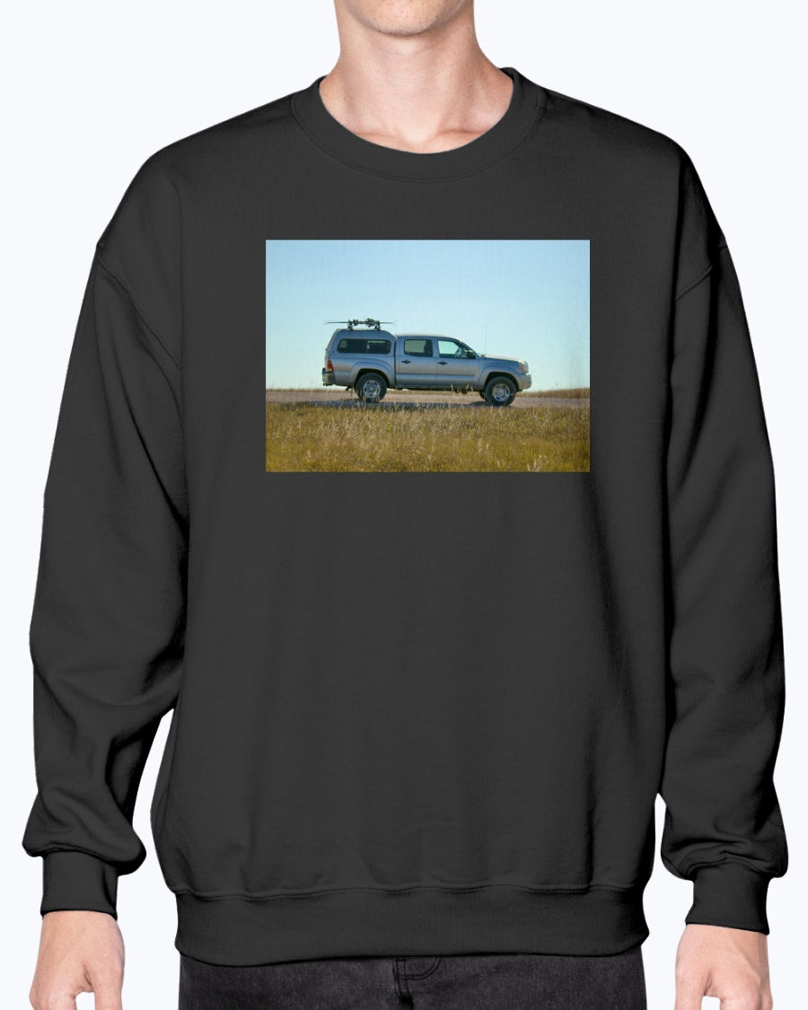 Lost Skier in a Tacoma, Bad Lands South Dakota, Moss Apparel, Unisex Crewneck Sweatshirt