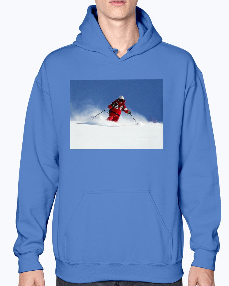 Bunny Hops, Skier in the Powder, Moss Apparel, Unisex Hoodie