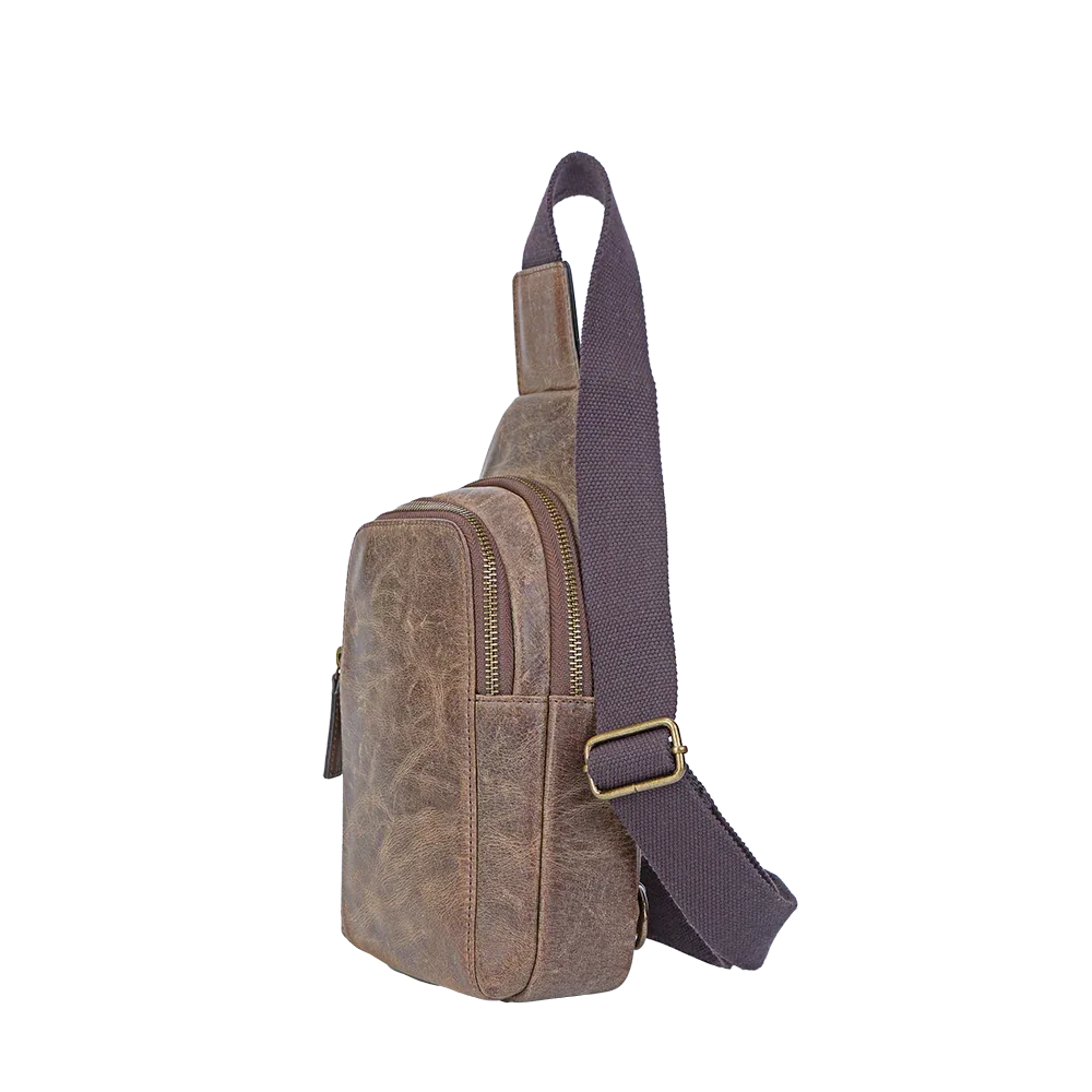 Crazy Horse Leather Sling Bag Small Version – Brown Full-Grain Crossbody for Men