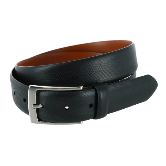 Gregorio 35mm Herringbone Embossed Feather Edged Leather Belt Trafalgar Store