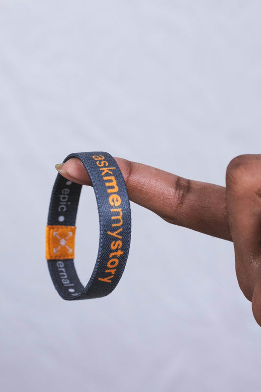 a hand holding a wristband with a message on it