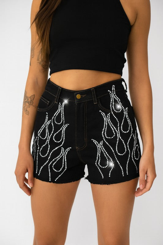 GJG Denim Flame Rhinestone Denim Short