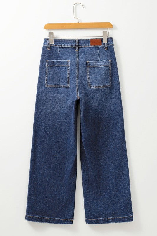 Denim High Waist Patch Pocket Straight Leg Jeans