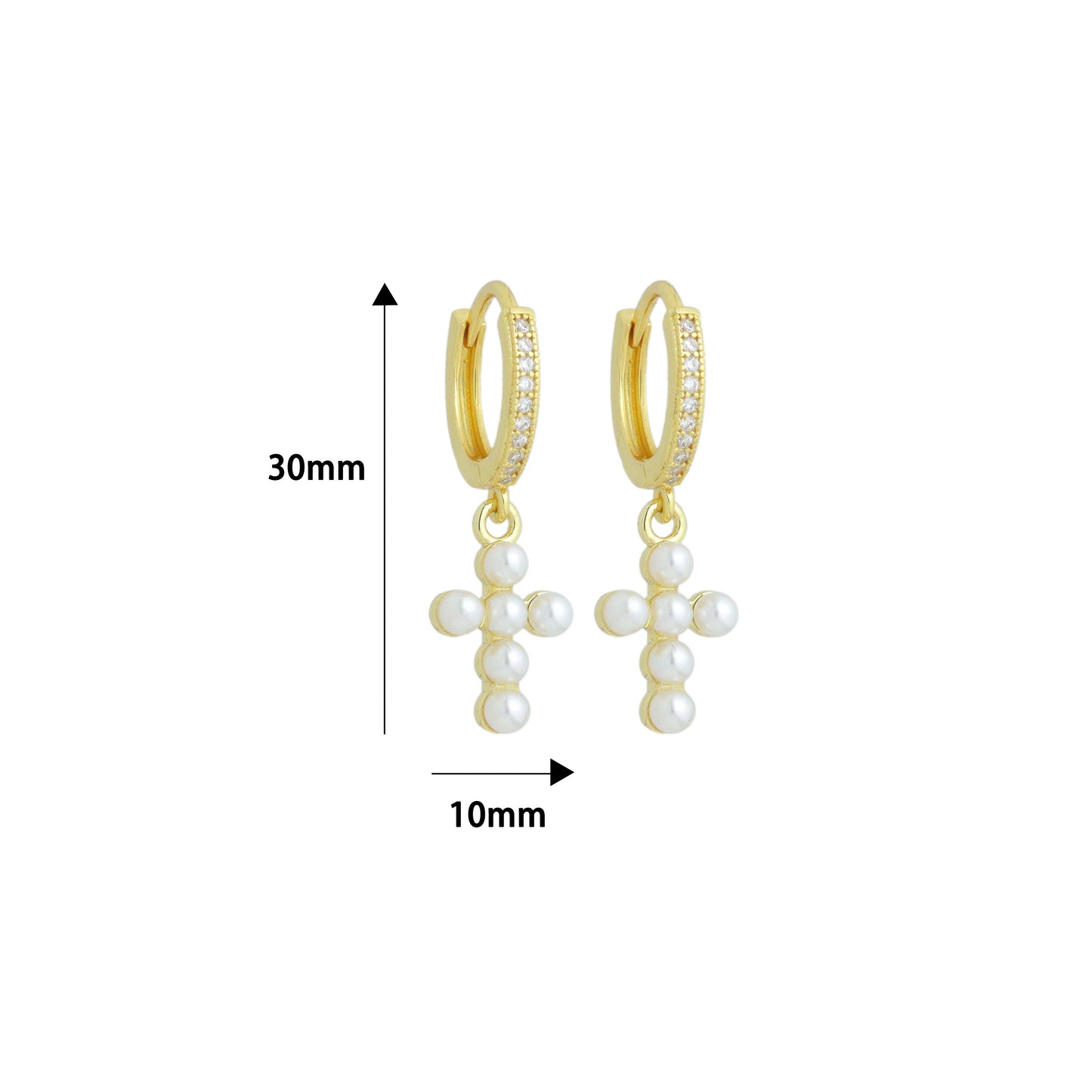 Dainty Pearl Cross Pendant with CZ Hoop Dangle Earrings, Sku#EF833