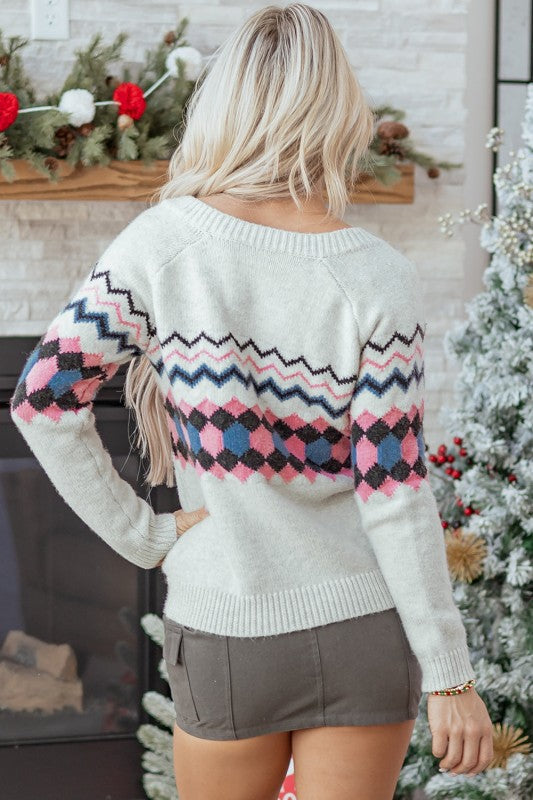 Stripe Geometric Button-Up Sweater Cardigan
