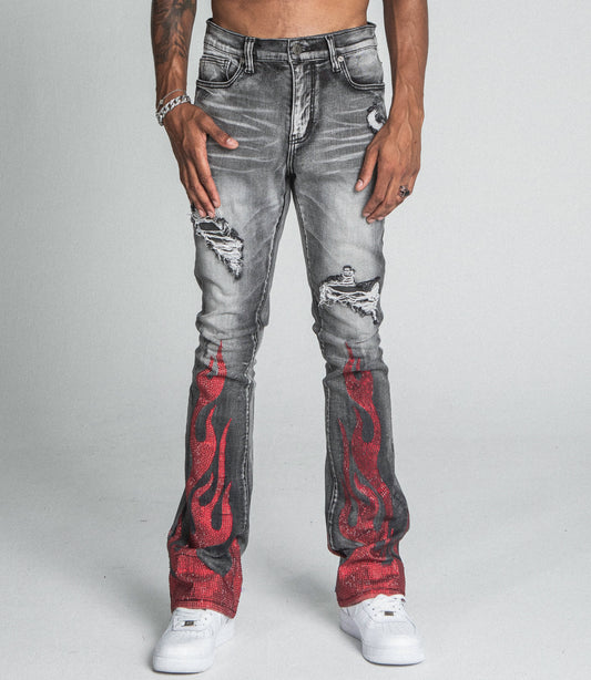 AJ23SK FLAME RHINESTONE STACKED JEANS