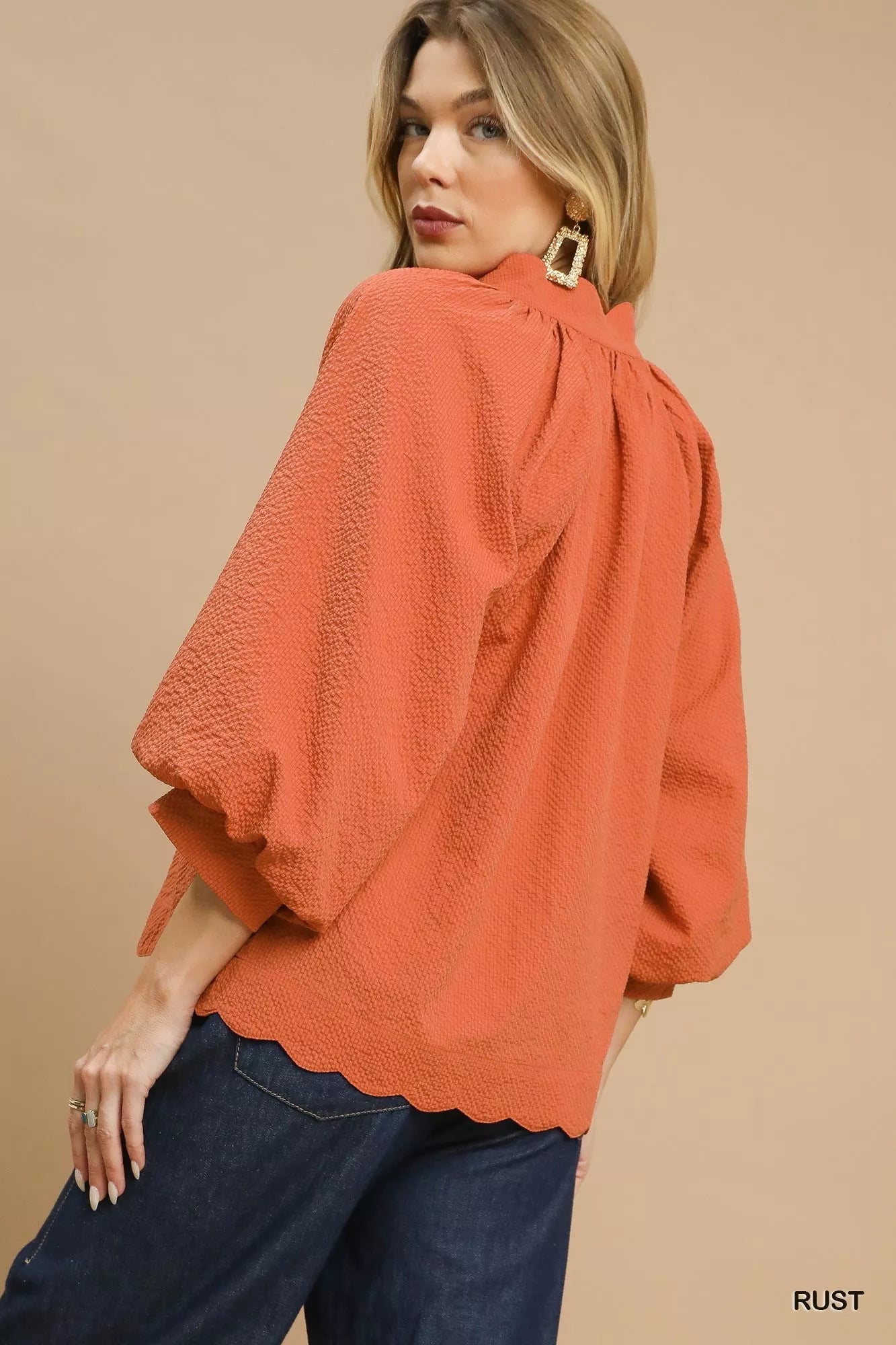 Umgee Textured Notched Balloon Sleeve Blouse with Scalloped Hem