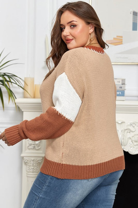 Plus Size Colorblock Knit Contrast Stitch Sweater
