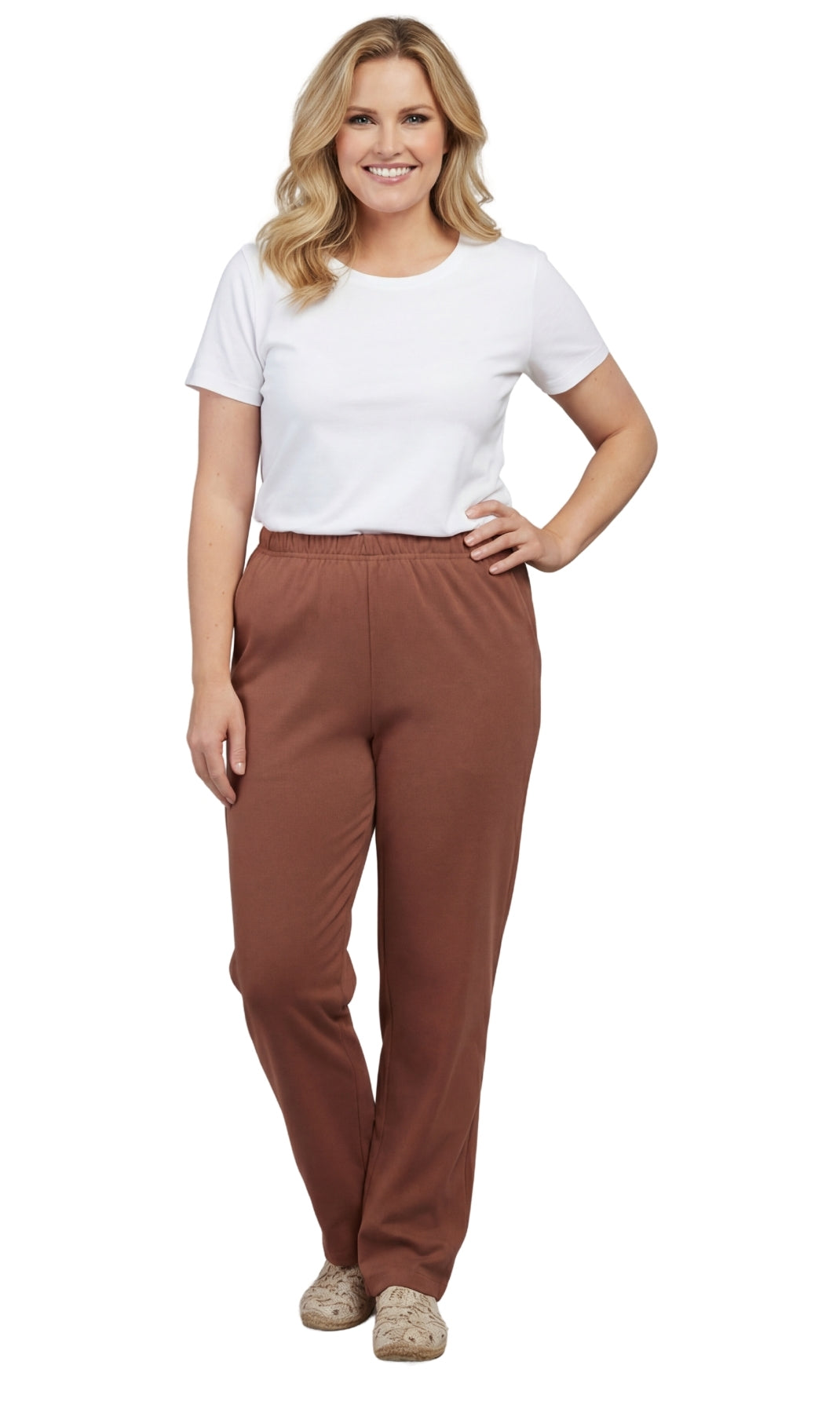 Women's Knit Pull on Pants - Cotton Blend with Flat Front waistband