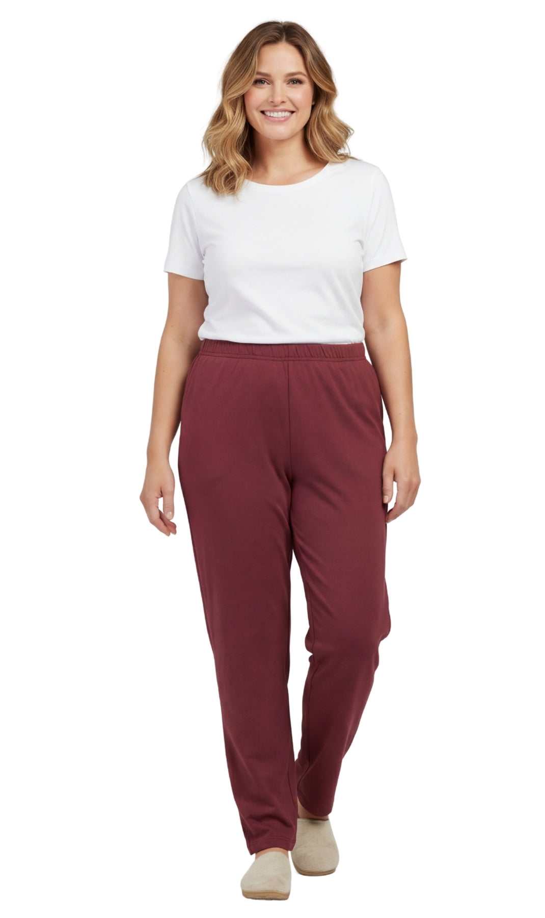 Women's Knit Pull on Pants - Cotton Blend with Flat Front waistband