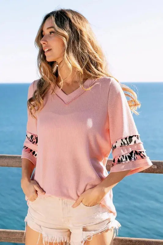 Women's Thermal Tee - Leopard Print Tiered Sleeves - Casual
