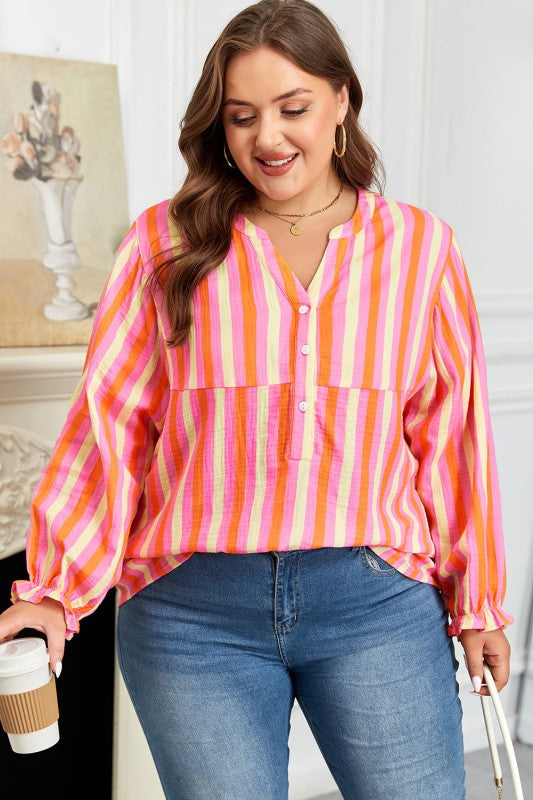 Plus Size Stripe Crinkled Half-Button Blouse