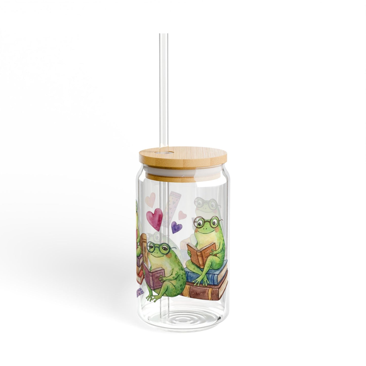 Watercolor Frogs Reading Sipper Glass
