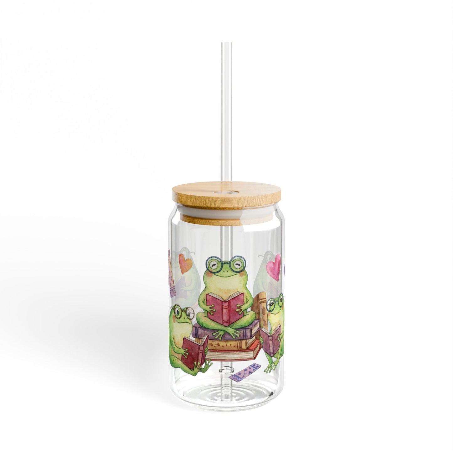 Watercolor Frogs Reading Sipper Glass