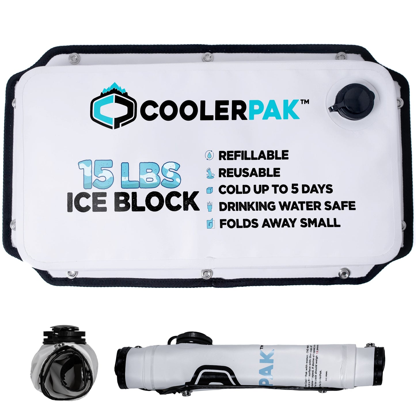 CoolerPak Ice Pack -Refillable Reusable  – Cold for Days – Non-Toxic, Leakproof, Potable Drinking Water Safe – Built Tough, Rolls Up for Storage