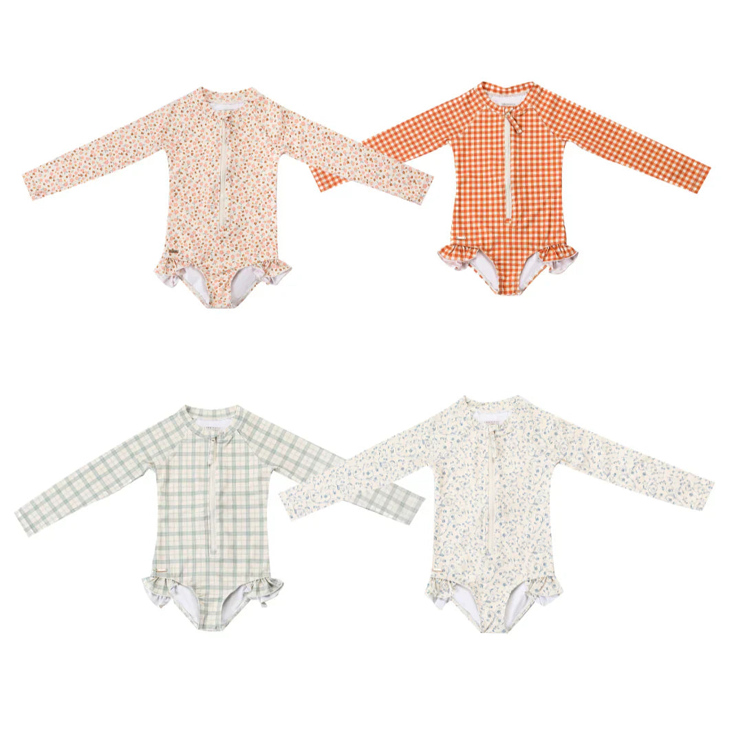 Long Sleeve Rashguard Ruffle Swimsuit | UPF + Recycled - Sunset Meadow