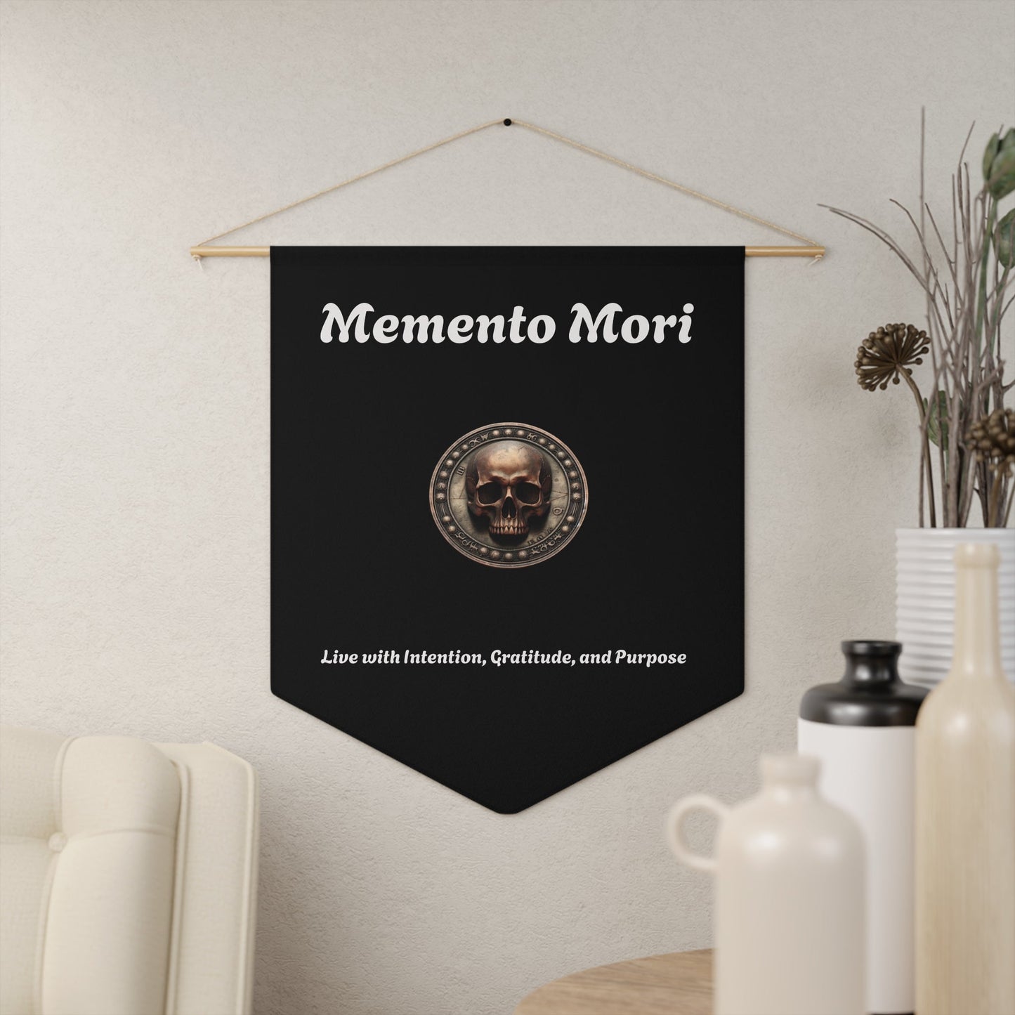 "Memento Mori" Wall Pennant - "Live with Intention, Gratitude, and Purpose" Decor