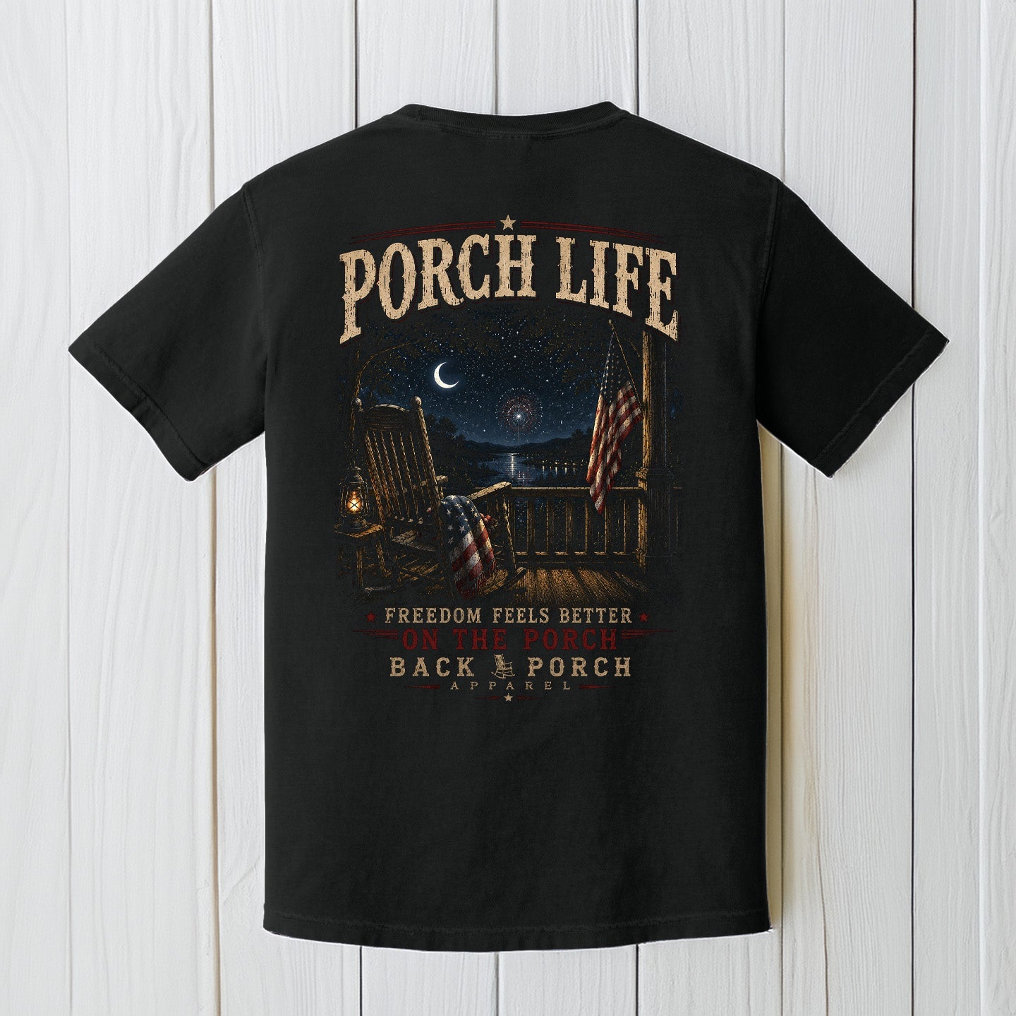Freedom Feels Better on the Porch Life Comfort Colors Black Patriotic T-Shirt