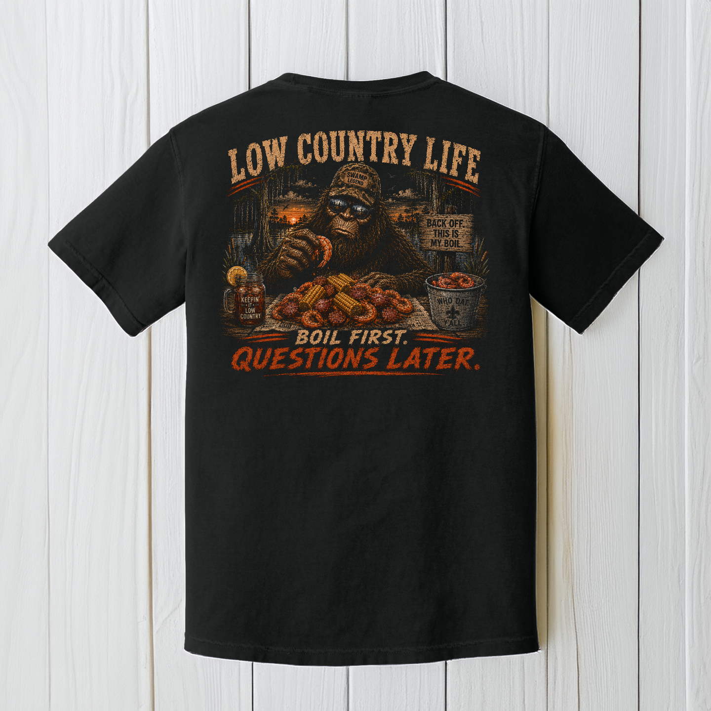 Low Country Life Bigfoot Crawfish Boil Comfort Colors Black T-Shirt