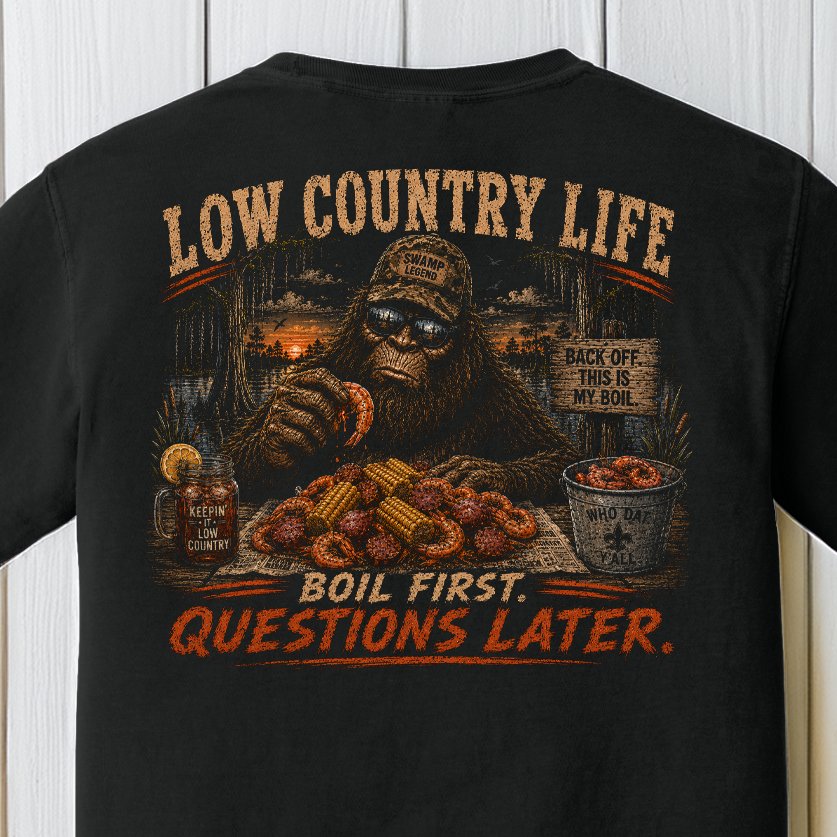 Low Country Life Bigfoot Crawfish Boil Comfort Colors Black T-Shirt