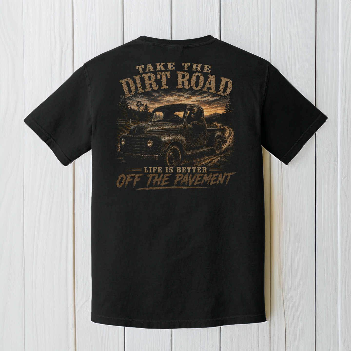 Take the Dirt Road Bigfoot Comfort Colors Black Truck T-Shirt