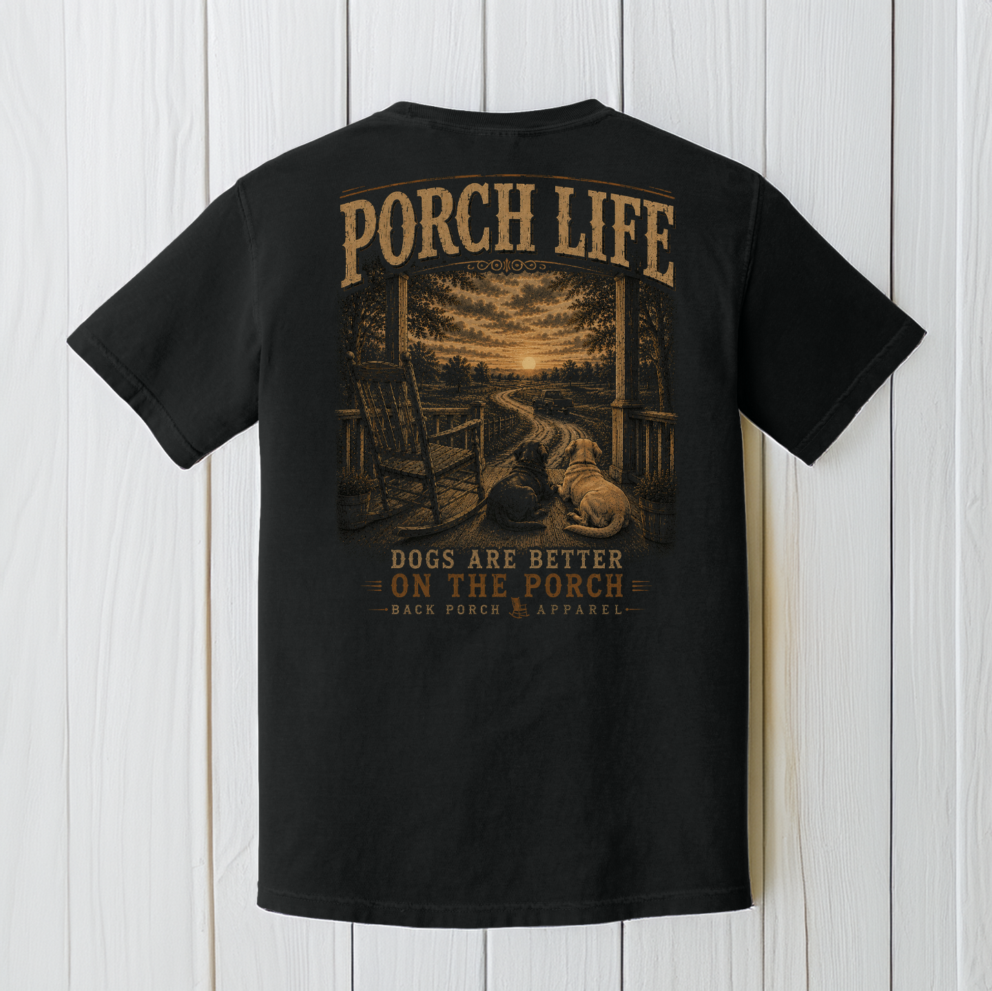 Porch Life Dogs Are Better on the Porch Comfort Colors Black T-Shirt | Country Dog Lover Graphic Tee