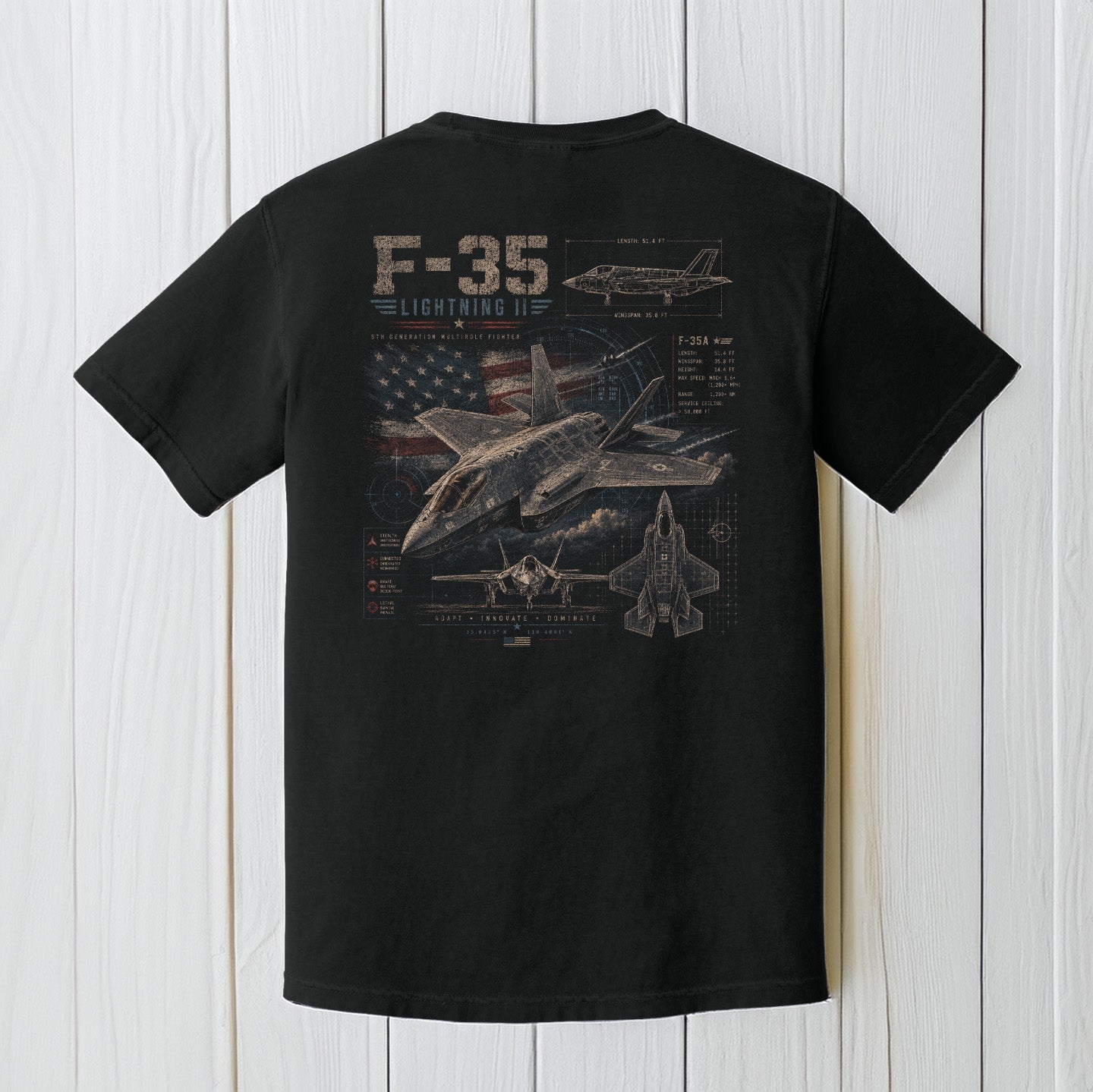 F-35 Lightning II Comfort Colors Black Patriotic Fighter Jet T-Shirt