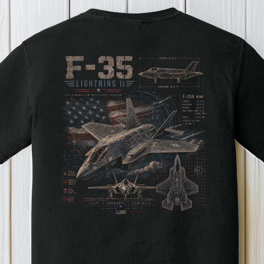 F-35 Lightning II Comfort Colors Black Patriotic Fighter Jet T-Shirt