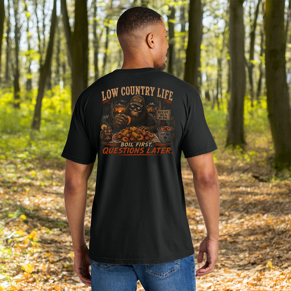 Low Country Life Bigfoot Crawfish Boil Comfort Colors Black T-Shirt