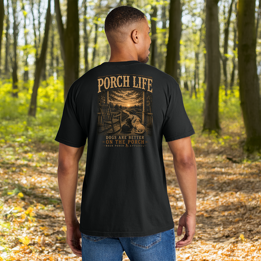 Porch Life Dogs Are Better on the Porch Comfort Colors Black T-Shirt | Country Dog Lover Graphic Tee