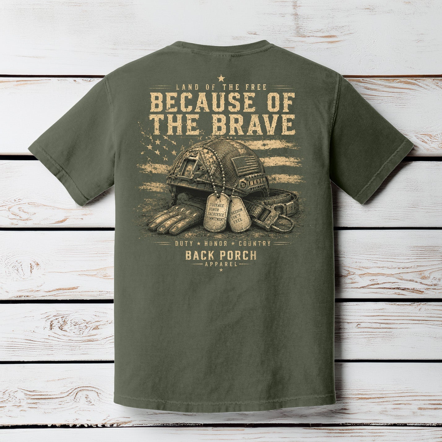 Because of the Brave Comfort Colors Patriotic T-Shirt – Military Freedom Graphic Tee by Back Porch Apparel