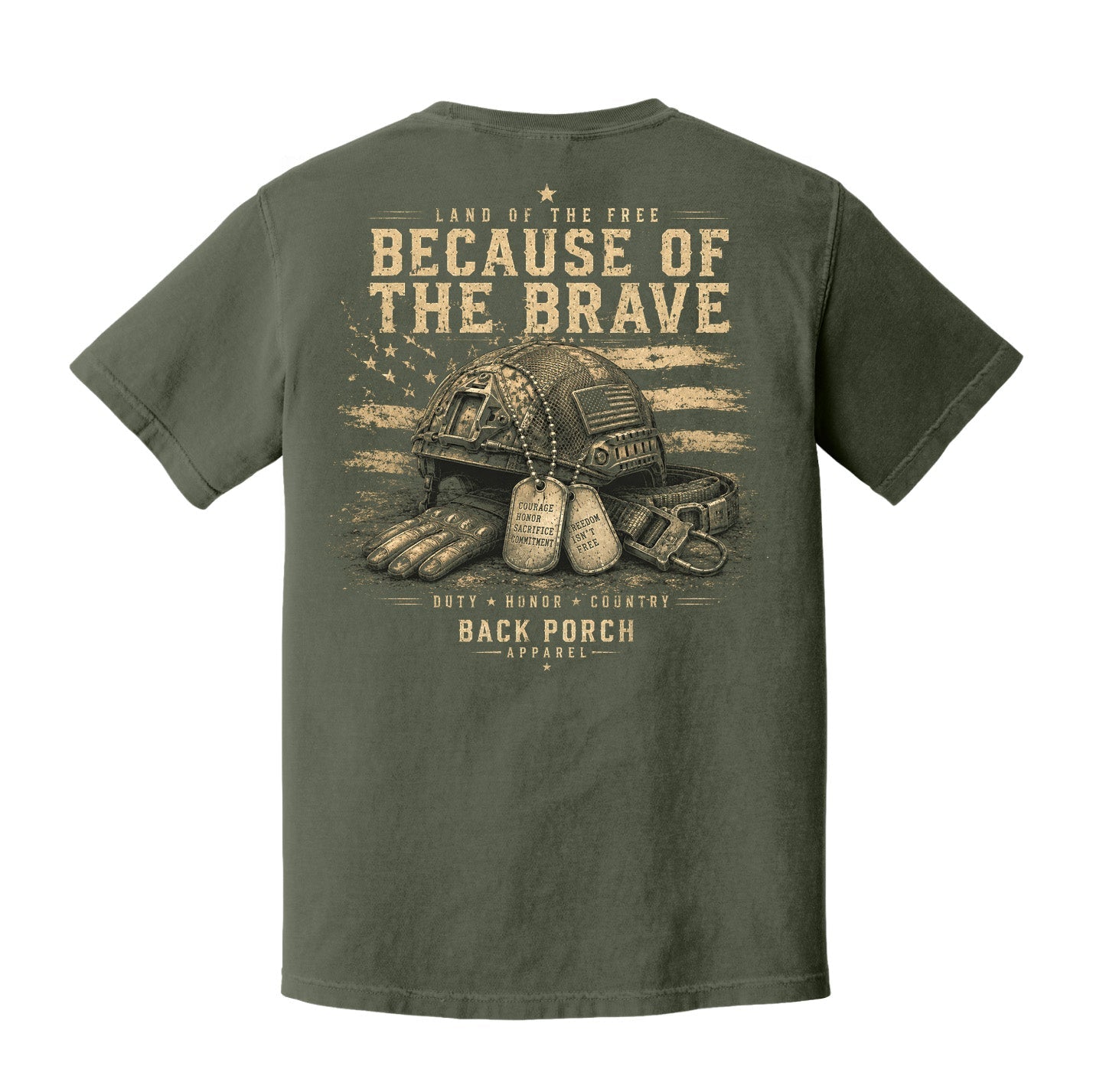 Because of the Brave Comfort Colors Patriotic T-Shirt – Military Freedom Graphic Tee by Back Porch Apparel