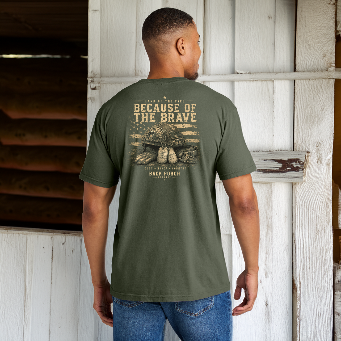 Because of the Brave Comfort Colors Patriotic T-Shirt – Military Freedom Graphic Tee by Back Porch Apparel