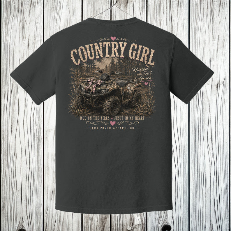 Country Girl ATV Comfort Colors T-Shirt – Raised on Dirt & Grace Southern Graphic Tee by Back Porch Apparel