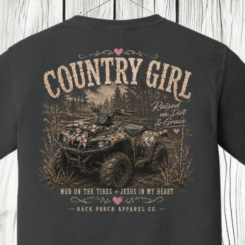 Country Girl ATV Comfort Colors T-Shirt – Raised on Dirt & Grace Southern Graphic Tee by Back Porch Apparel