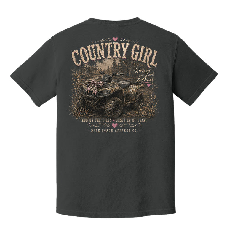 Country Girl ATV Comfort Colors T-Shirt – Raised on Dirt & Grace Southern Graphic Tee by Back Porch Apparel