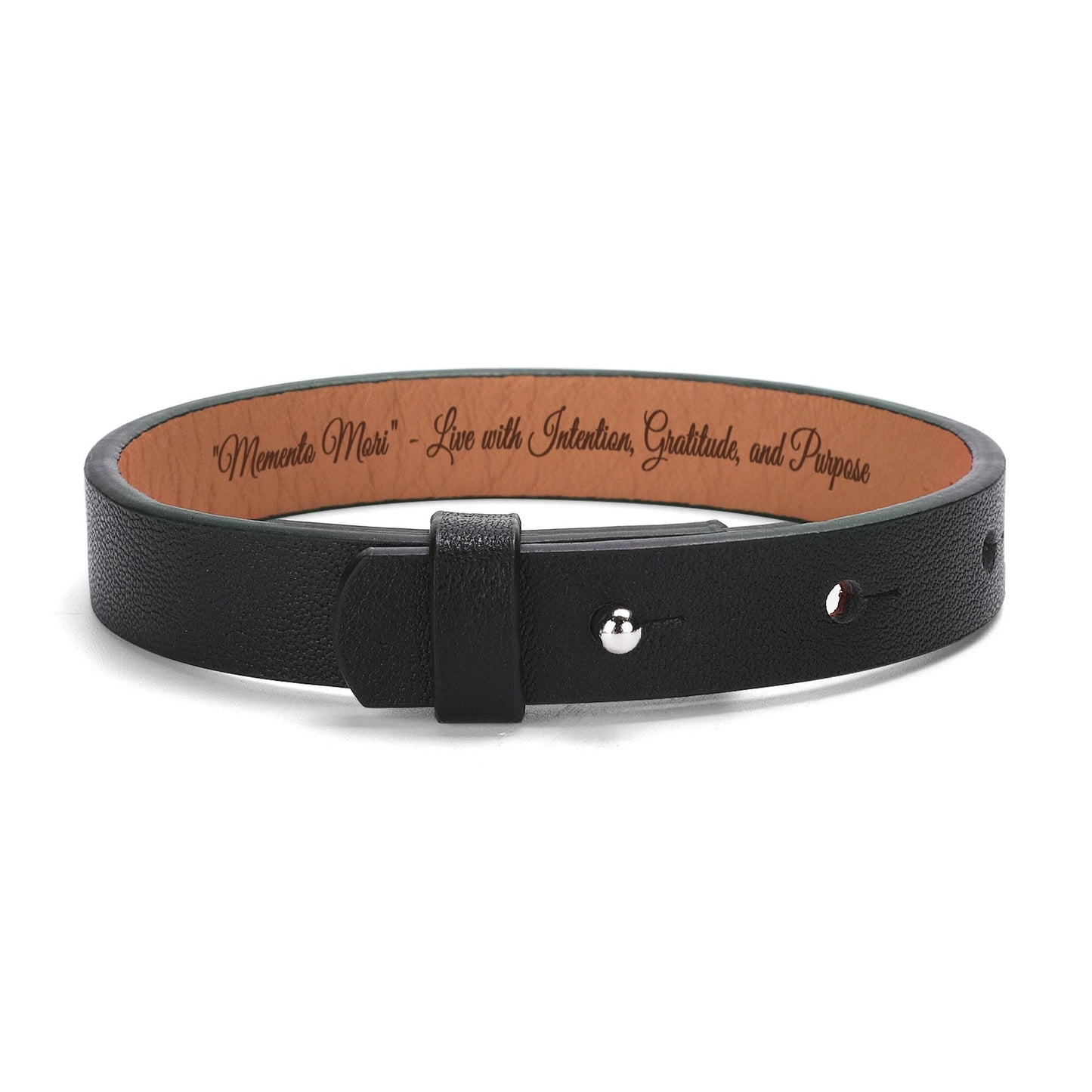 Engraved Black Leather Bracelet - "Memento Mori" - Live with Intention, Gratitude, and Purpose