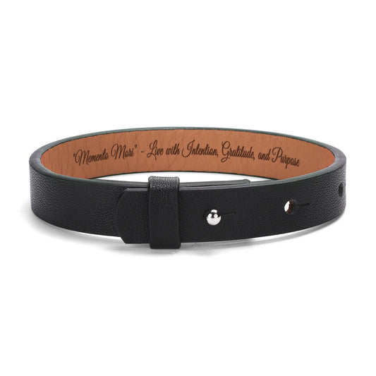 Engraved Black Leather Bracelet - "Memento Mori" - Live with Intention, Gratitude, and Purpose