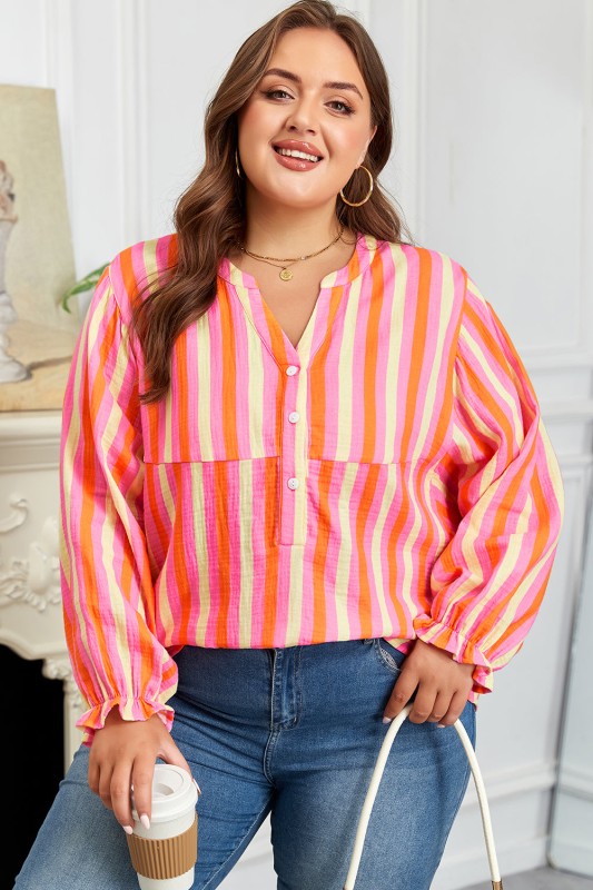 Plus Size Stripe Crinkled Half-Button Blouse
