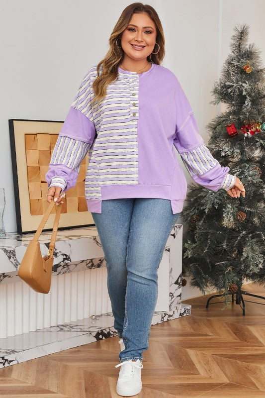 Plus Size Stripe Patchwork Drop Shoulder Pullover