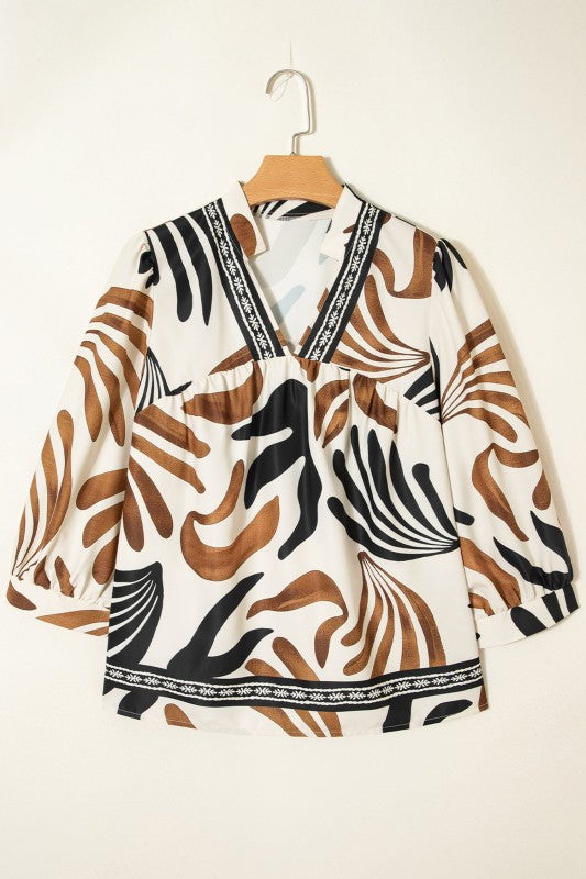 Abstract V-neck Puff Sleeve Blouse
