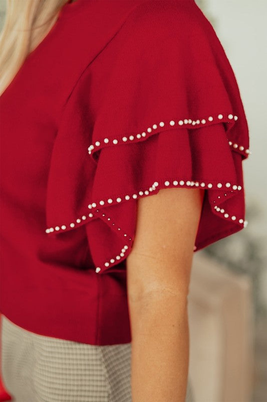 Solid Pearl Embellished Ruffle Sleeve Sweater