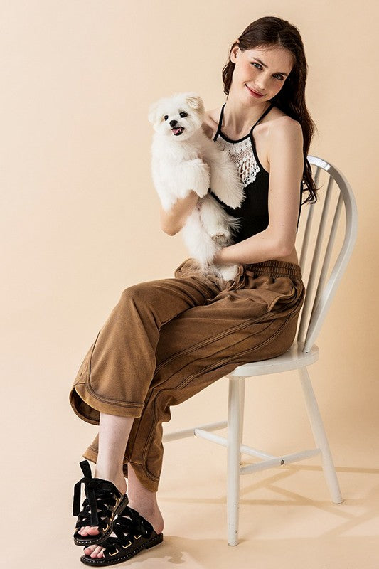 Dolphin Tail Wide Leg Mineral Washed Pants
