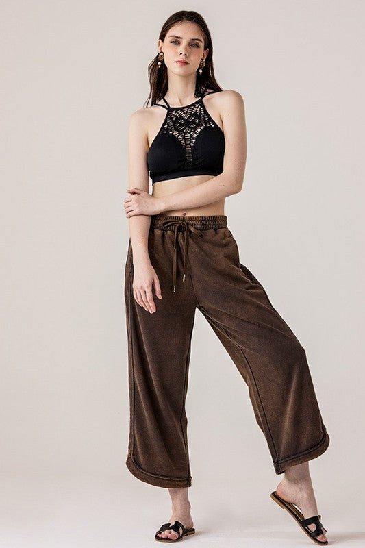 Dolphin Tail Wide Leg Mineral Washed Pants