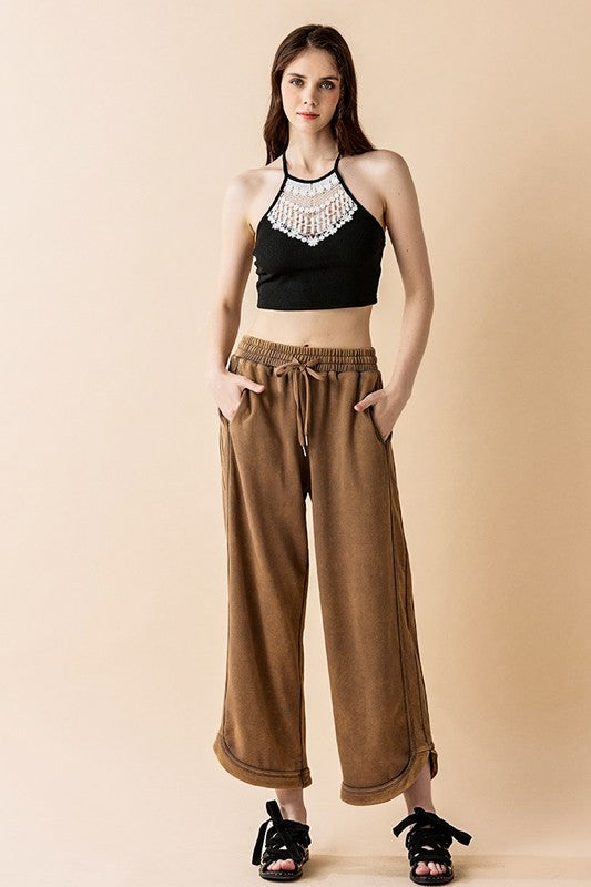 Dolphin Tail Wide Leg Mineral Washed Pants