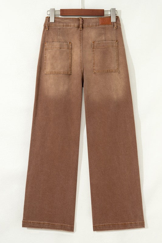 Denim High Waist Patch Pocket Straight Leg Jeans