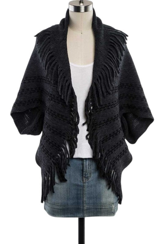 Fringe Lapel Collar Open Knit Cardigan
