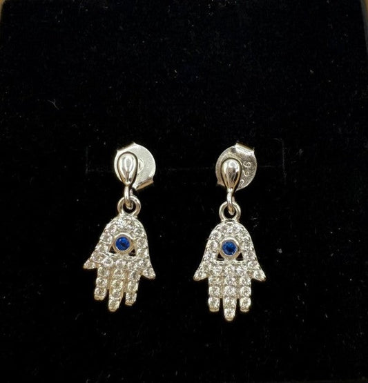 Hamsa Drop Earrings with Blue Crystal