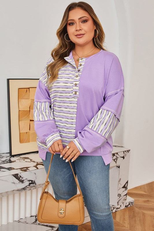 Plus Size Stripe Patchwork Drop Shoulder Pullover