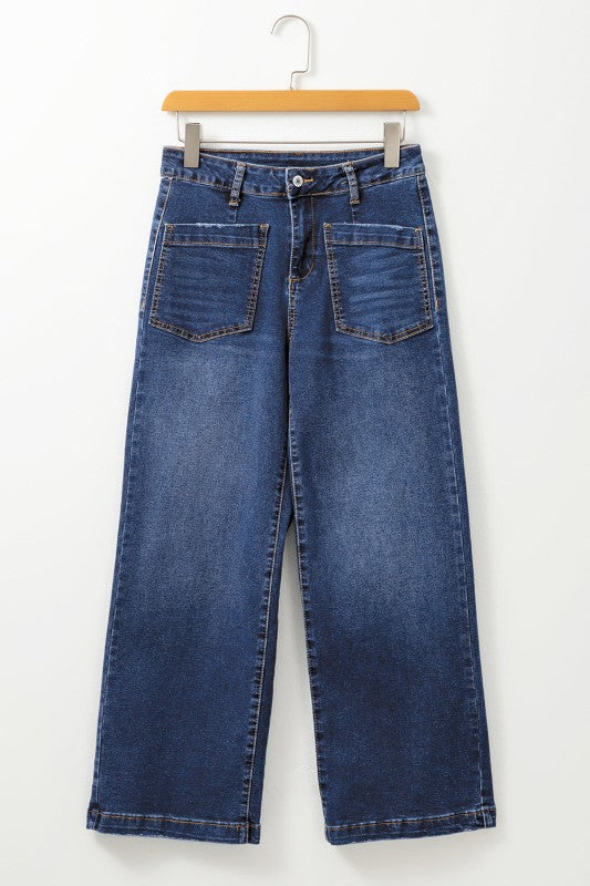 Denim High Waist Patch Pocket Straight Leg Jeans